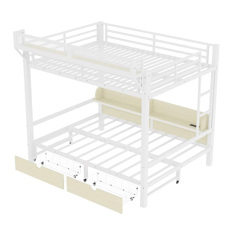 Queen over Queen Bunk Bed Frame with USB Ports, LED Lights, Storage Shelves and Drawers, Lower Bed Converted into Sofa
