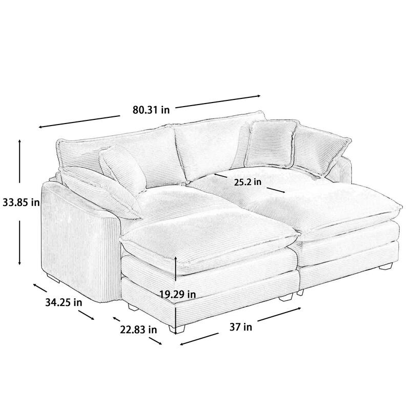 2-Seater Corduroy Sofa with 2 Footrests, Converts to Bed for Compact Spaces