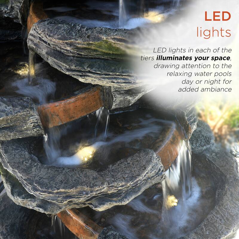 Alpine Corporation WIN1146 58" Gray Outdoor Floor 8 Tier Rock Water Fountain with LED Lights