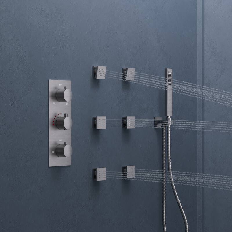 Thermostatic Rainfall Shower System,12 Inch 64-Color LED Mood Lighting Shower Faucet Set with 6 Body Jets