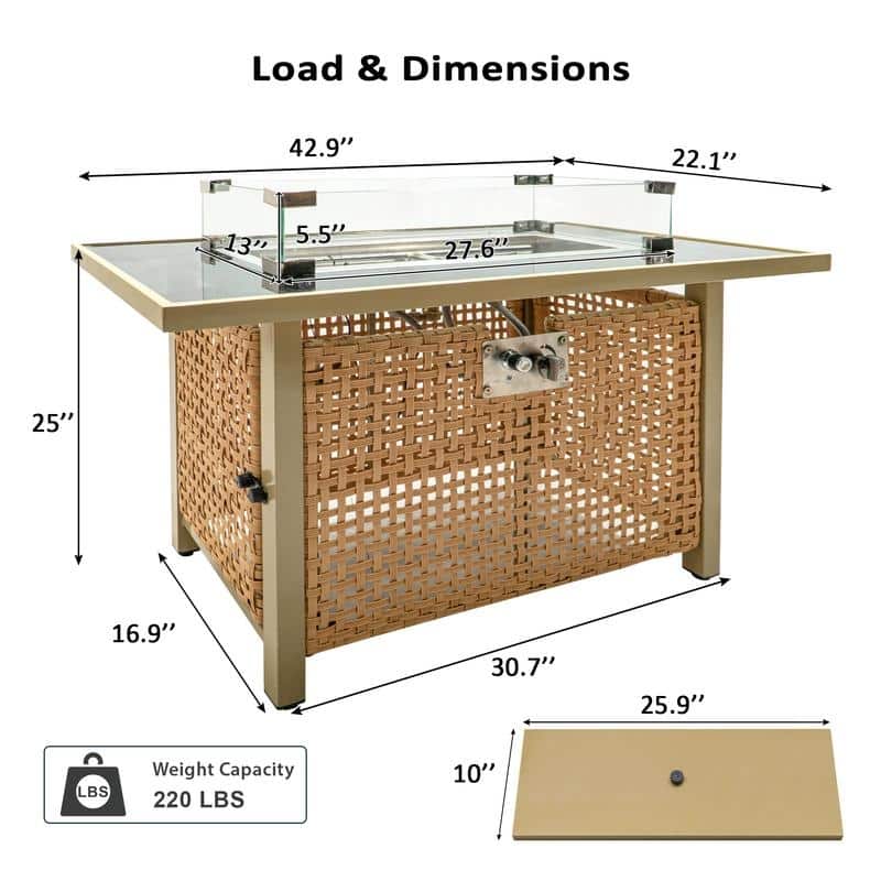 43" Propane Gas Fire Pit Table, 60000 BTU Rectangular Open Weave Wicker Fire Pit with Glass Wind Guard