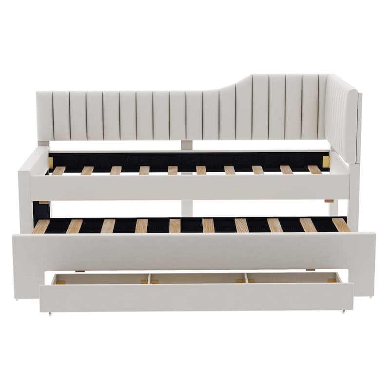 Twin Size Daybed Bed Frame with Linen Upholstered Backrest and Three Drawers, Pull-out Trundle Bed w/Slatted Support