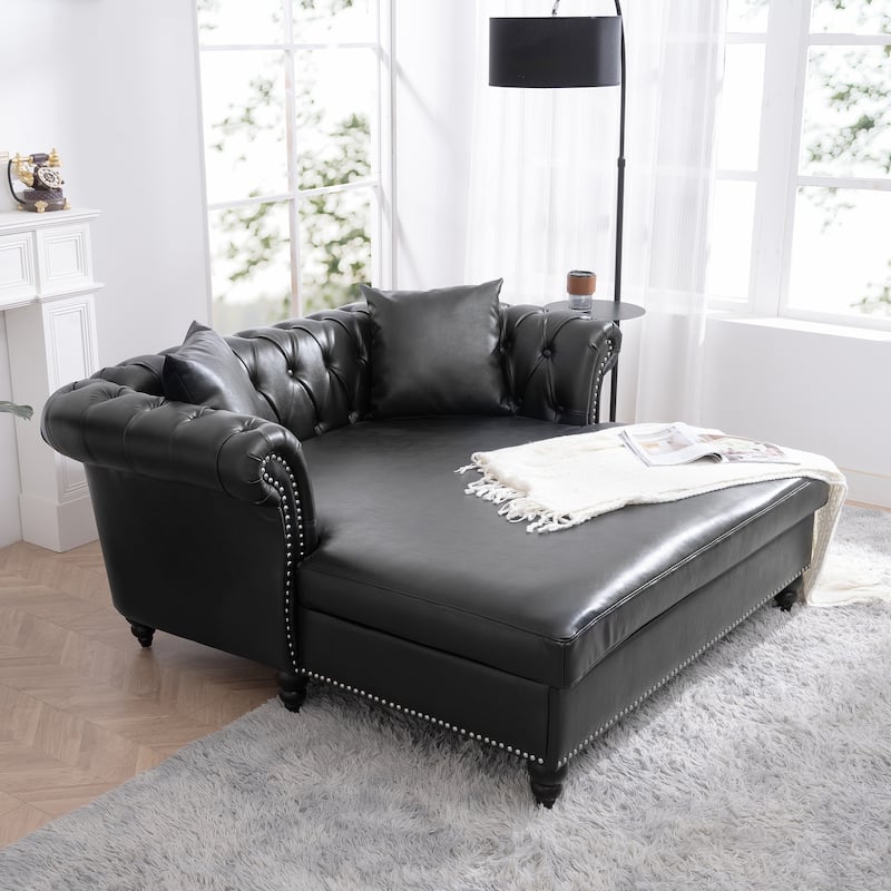 GDFStudio - Elara Luxe 63" Loveseat Chaise Lounge Couch with Upholstered PU Leather & Rolled Arm for Living Room or Office - Black PU