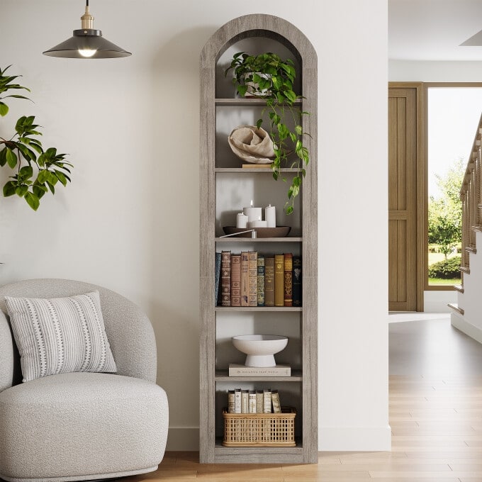 6-Tier Wooden Tall Bookshelf, 74.8 Inches Rustic Arched Bookcase