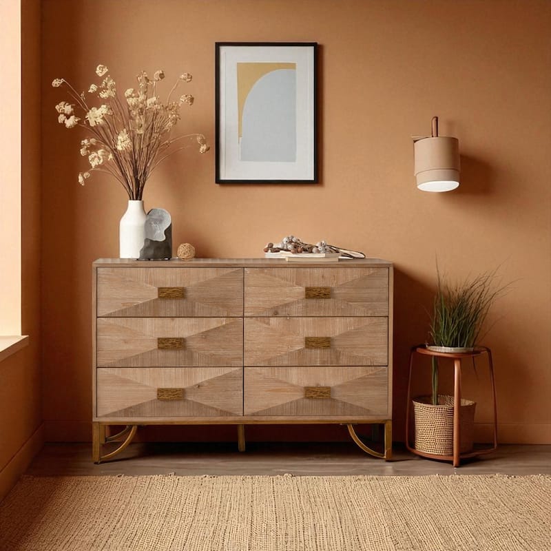 Modern 6 Drawer Dresser with Fluted Fronts, Solid Wood and MDF Chest of Drawers, Storage Cabinet with Metal Rails - Natural