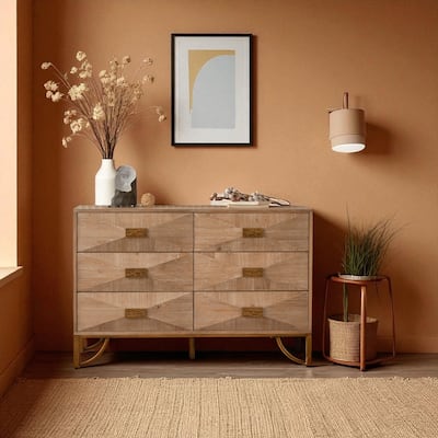 Modern 6 Drawer Dresser with Fluted Fronts, Solid Wood and MDF Chest of Drawers, Storage Cabinet with Metal Rails