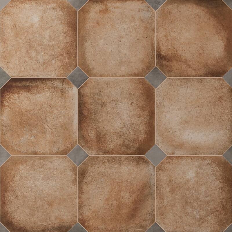 Merola Tile Laverton Octagon Natural with Taco Grafito 7-7/8" x 7-7/8" Porcelain Floor and Wall Tile