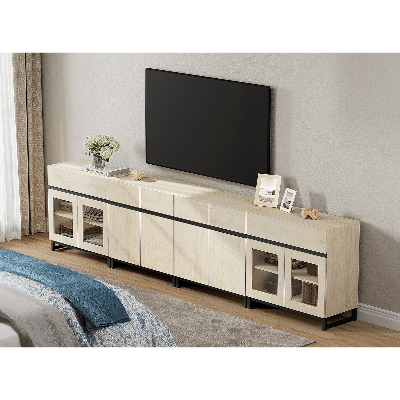 Modern TV Stand for 120" TVs, 4-in-1 Console with Glass Doors & 2 Drawers