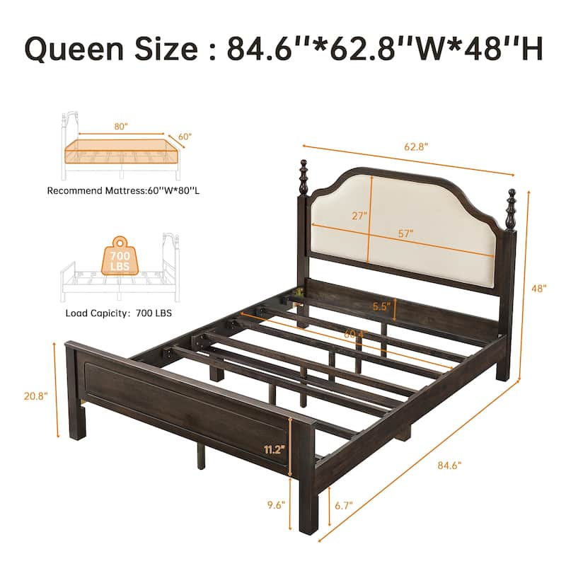 Classic Turned Post Wood Bed Frame with Upholstered Headboard, Sturdy Screw-Free Slats and Noise-Free Support
