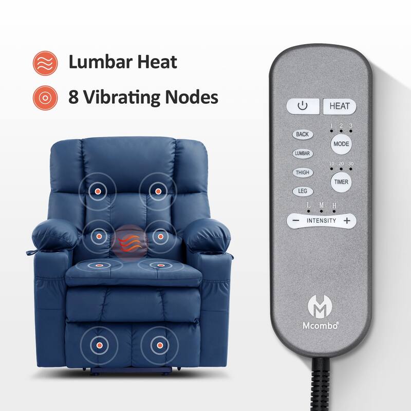 MCombo Medium Dual Motor Power Lift Recliner Chair Infinite Position, Massage and Heat, Extended Footrest, Faux Leather 7890