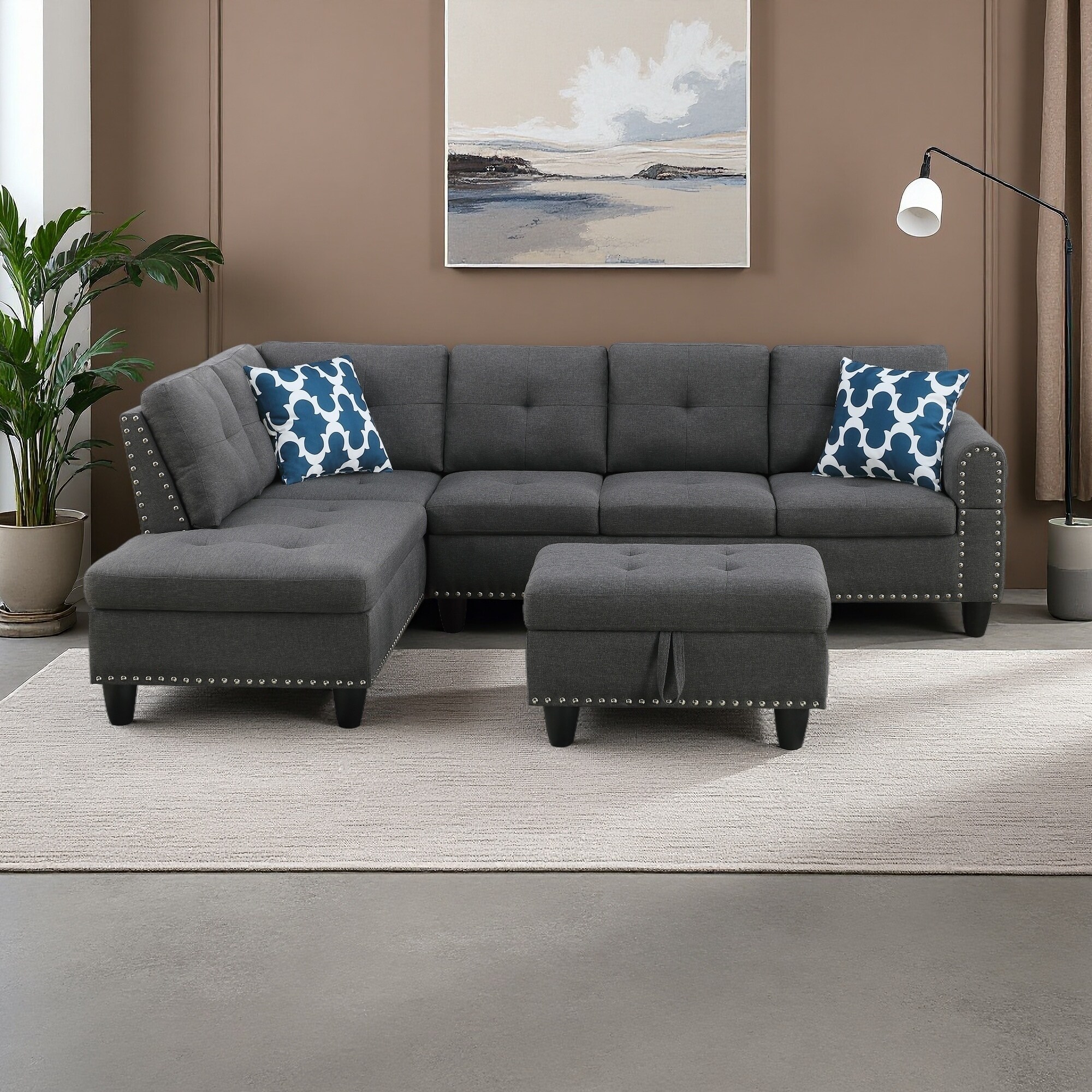 98" Linen L-Shaped 3-Seat Sectional Sofa with Ottoman & Storage