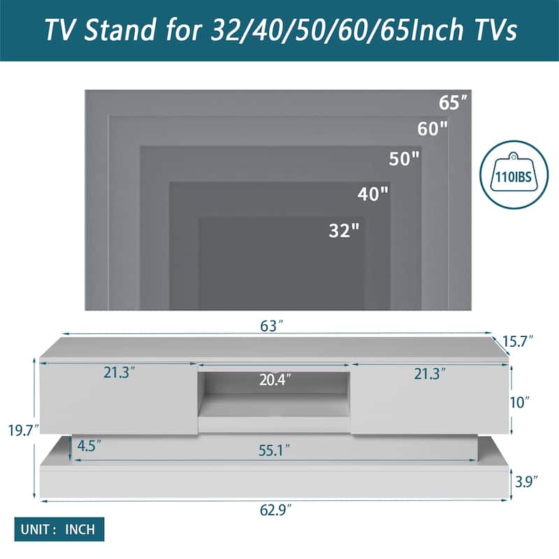White 63" TV Stand with Drawers & LED for TVs Up to 65"