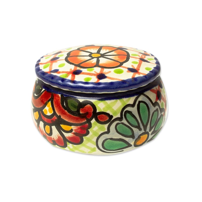 Novica Handmade Hidalgo Bouquet Ceramic Decorative Box - White
