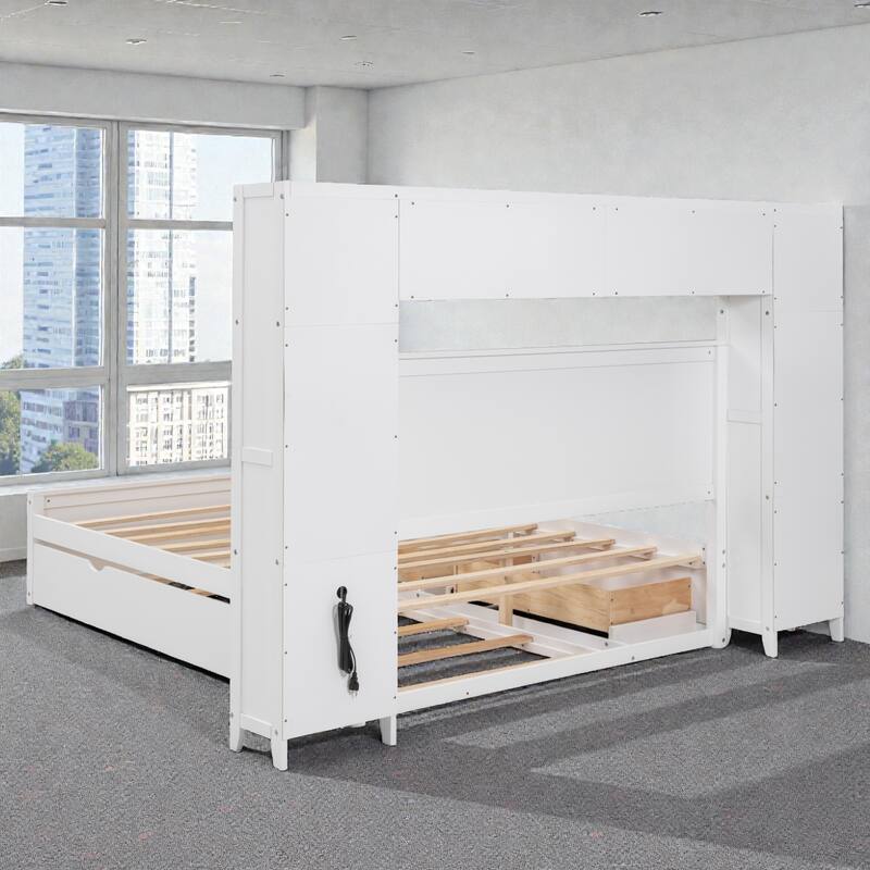 Wooden Platform Bed with Storage Headboard, Drawers, Twin Trundle and Built-In Outlets