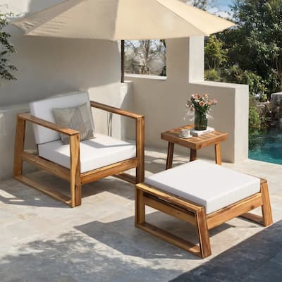 Acacia Wood Lounge Set with Plush Cushions & Table, Weatherproof, 3Pcs