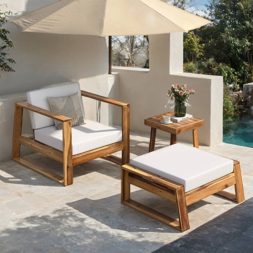 Acacia Wood Lounge Set with Plush Cushions & Table, Weatherproof, 3Pcs
