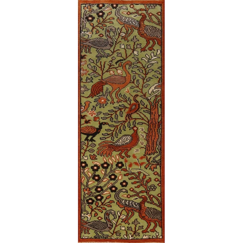 Light Green Animals Ziegler Indian Runner Rug Hand-Knotted Wool Carpet - 2'5" x 7'11"