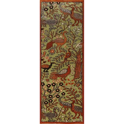 Light Green Animals Ziegler Indian Runner Rug Hand-Knotted Wool Carpet - 2'5" x 7'11"