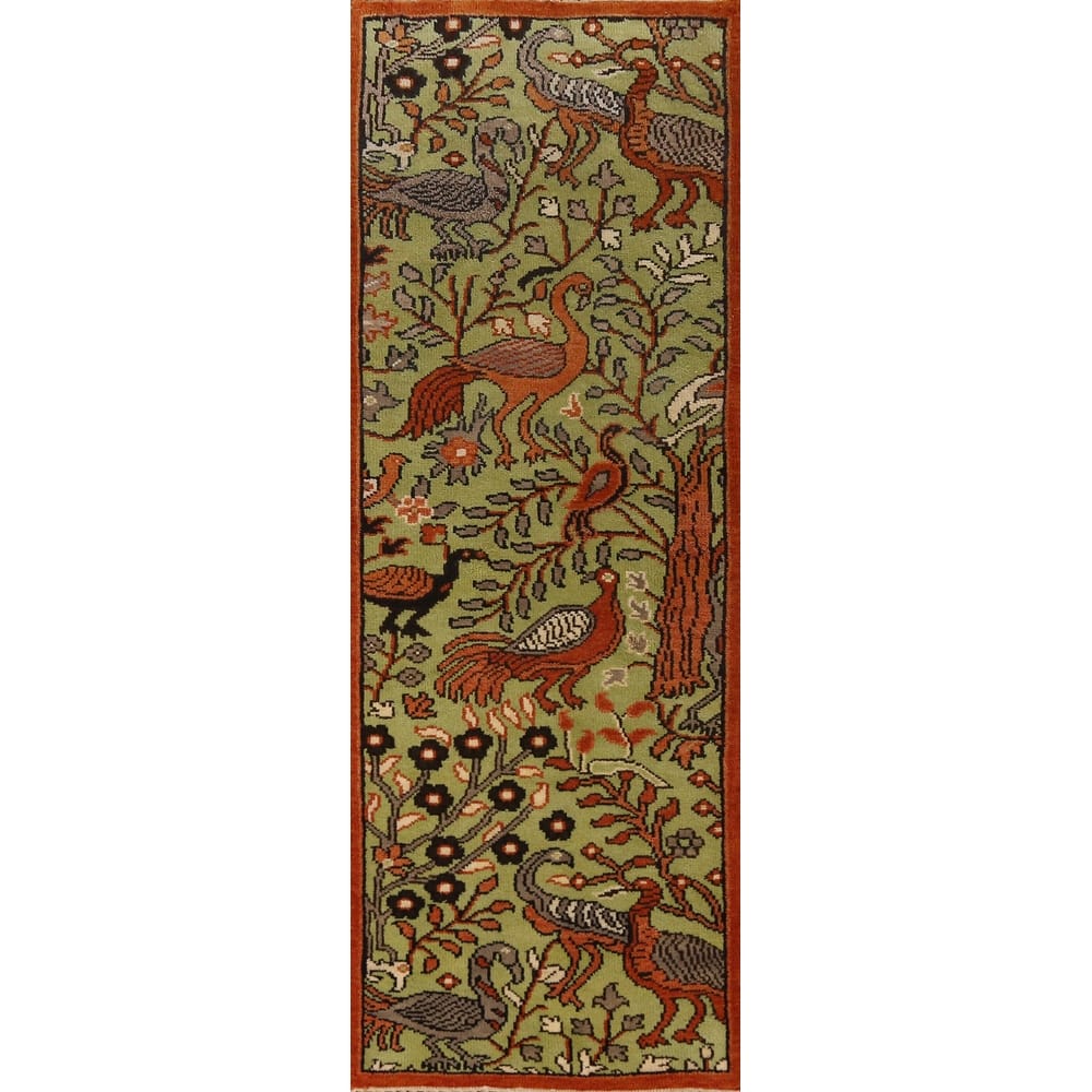 Light Green Animals Ziegler Indian Runner Rug Hand-Knotted Wool Carpet - 2'5" x 7'11"