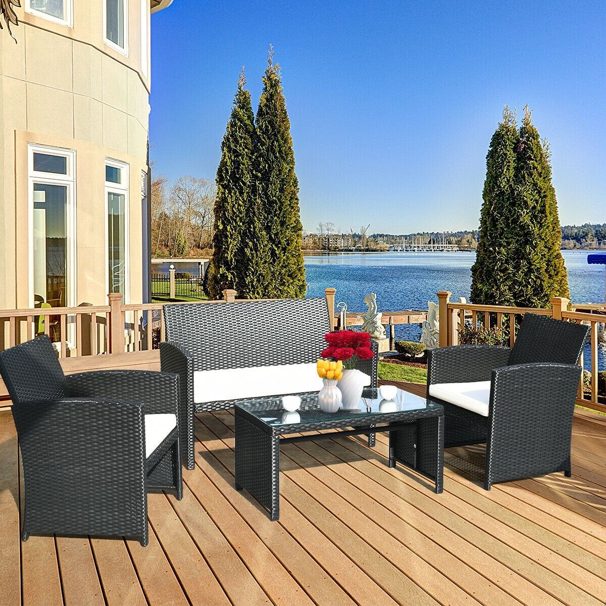 Goplus patio furniture 7 piece steel table chairs dining set outdoor glass table top hotsell