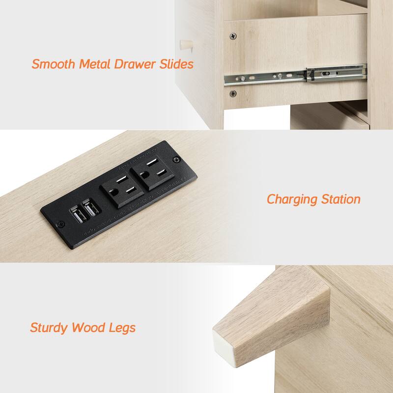 2 Drawer Nightstands with Charging Station for Bedroom