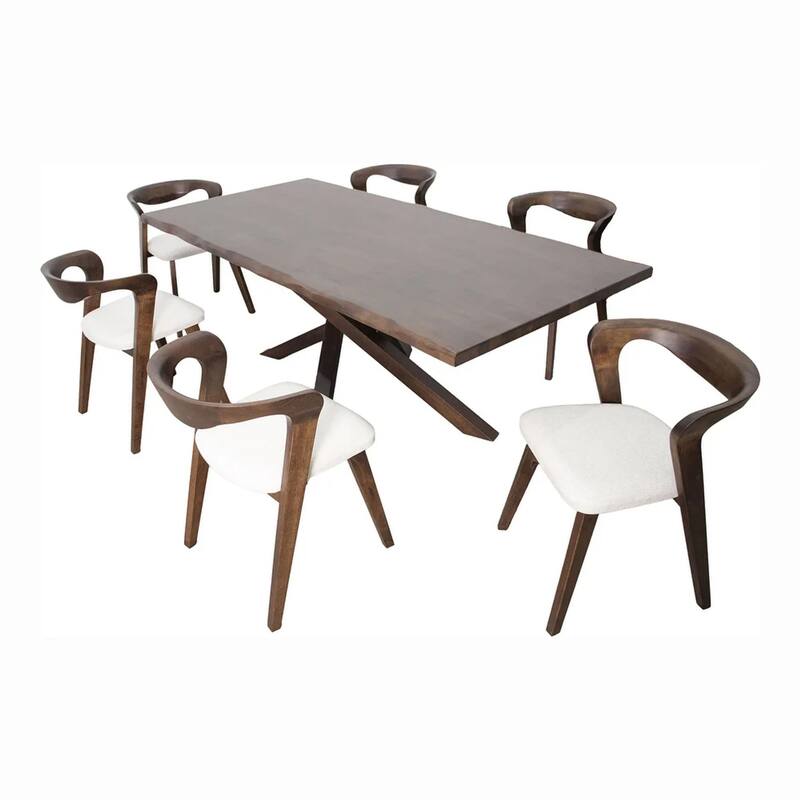Vyva 7pc Dining Table Set, 6 Ivory White Chairs, Brown Full Solid Wood