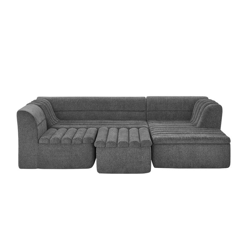 Roomfitters U-Shaped Modular Sectional Sofa with Chaise and Movable Ottoman, Chenille Upholstery and Wave-Shaped Armrest