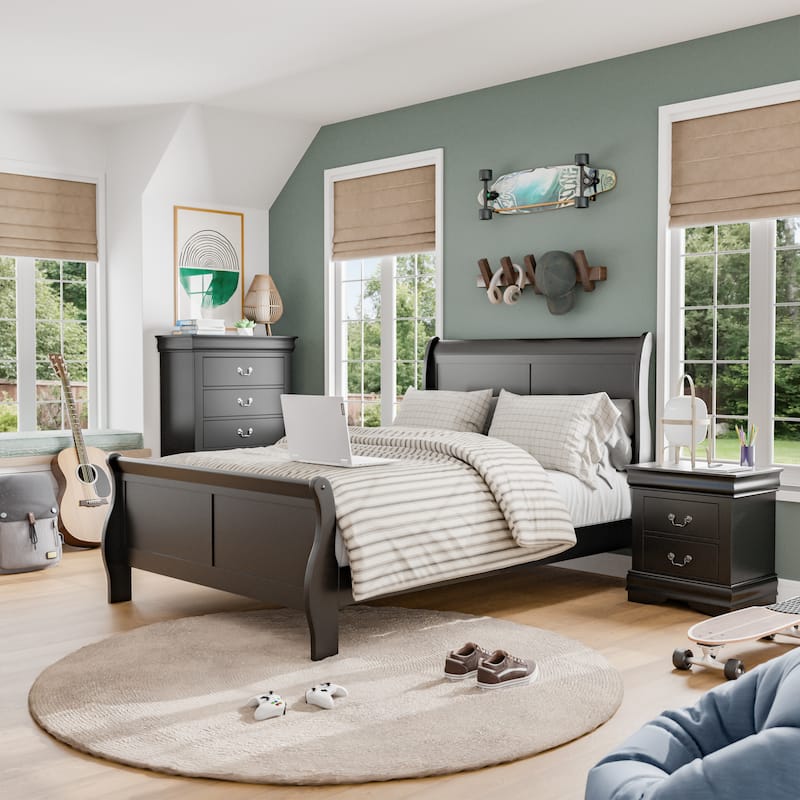 Furniture of America Mayday Modern Solid Wood 3-Piece Sleigh Bedroom Set - Black - Twin