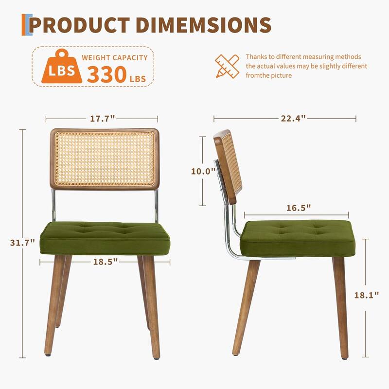 Natural Rattan Dining Chairs, Velvet Upholstered Kitchen Chairs with Tall Cane Backrest