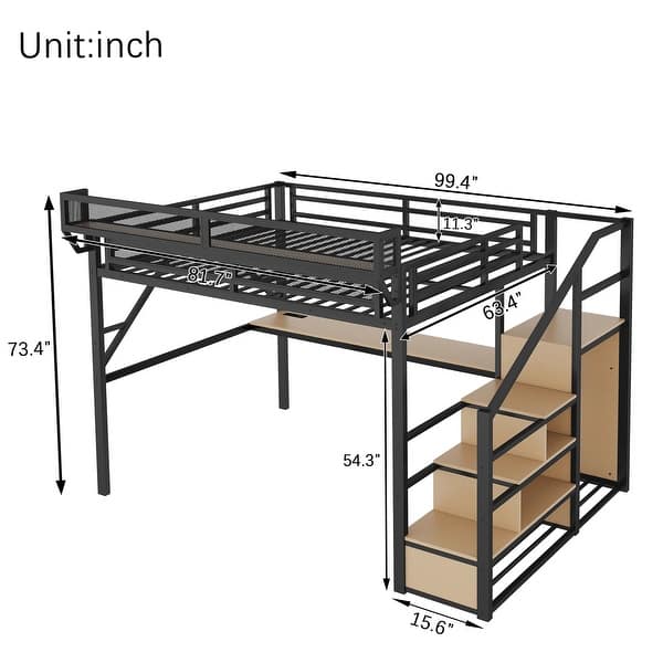 dimension image slide 0 of 4, High Loft Bed Metal Bed Frame with Stairs Built-in Shelves and Wardrobe, Side Grid Rack, Light, Charging Station and Desk