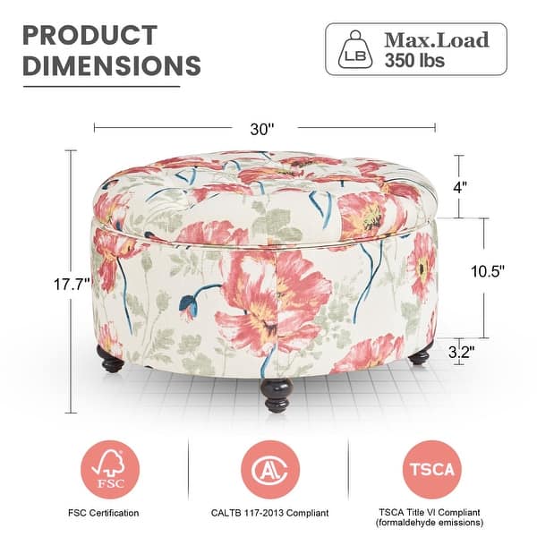 dimension image slide 3 of 5, Tufted Large Round Storage Ottoman Footrest Beige/ Grey/ Blue