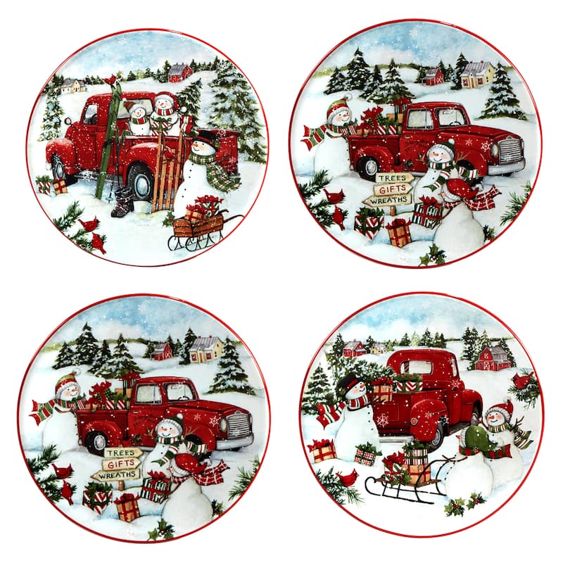 Certified International Red Truck Snowman 6" Canape/Luncheon Plates, Set of 4