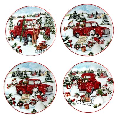 Certified International Red Truck Snowman 6" Canape/Luncheon Plates, Set of 4
