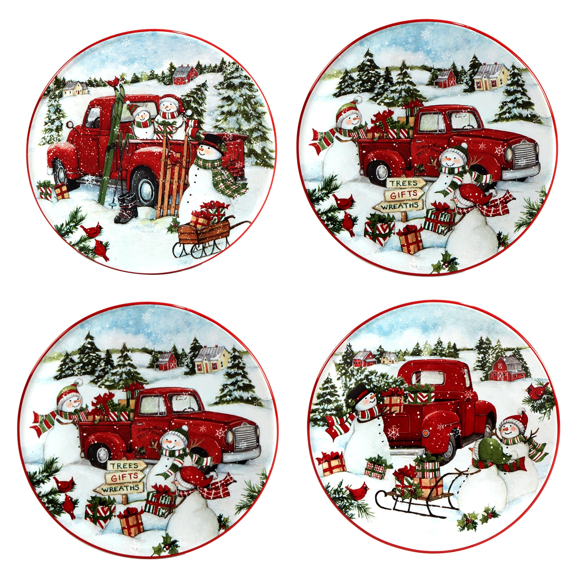 Certified International Red Truck Snowman 6" Canape/Luncheon Plates, Set of 4
