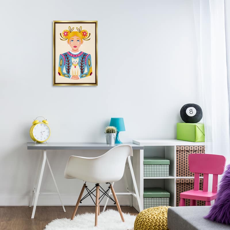 Stupell Blonde Folk Girl with Cat Framed Floater Canvas Wall Art Design By Hannah Moren