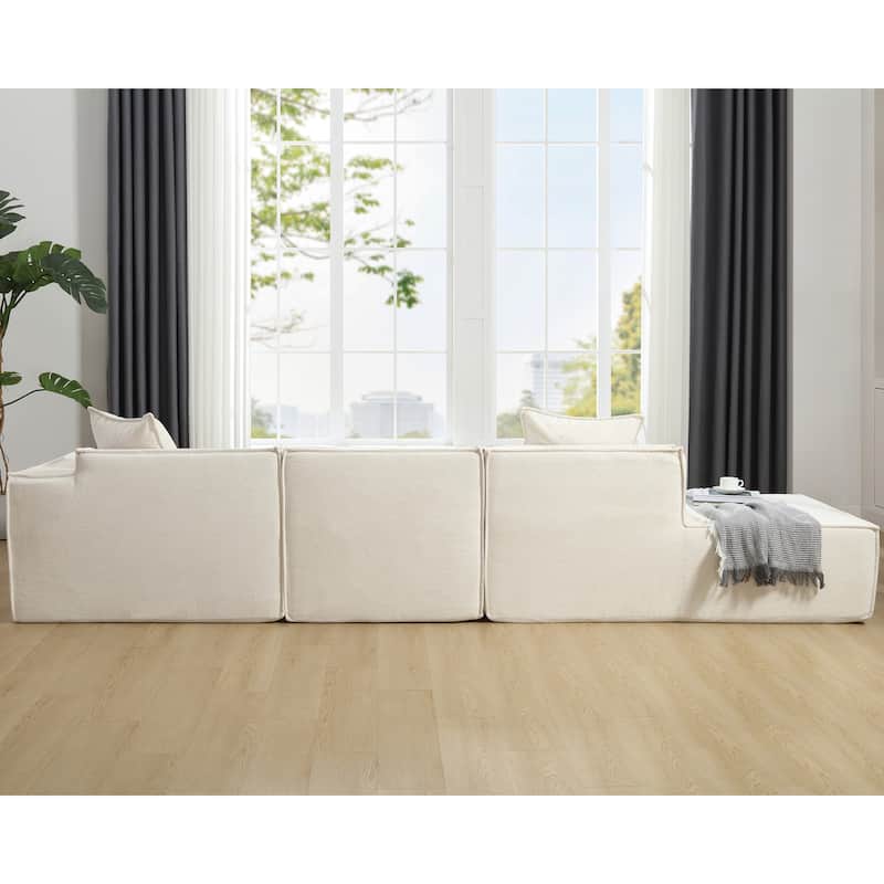 Beige 129.5'' L-Shaped 4-Seater Modular Sofa Set with Chaise in Soft Terrycloth Fabric