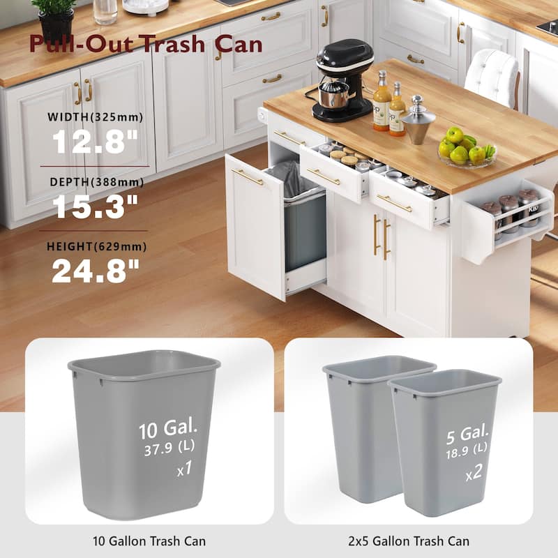 Rolling Kitchen Island Cart with 2 Pull Out Cabinet Organizers, Drop Leaf, Trash Can Storage, Power Outlet, Spice, Towel Rack