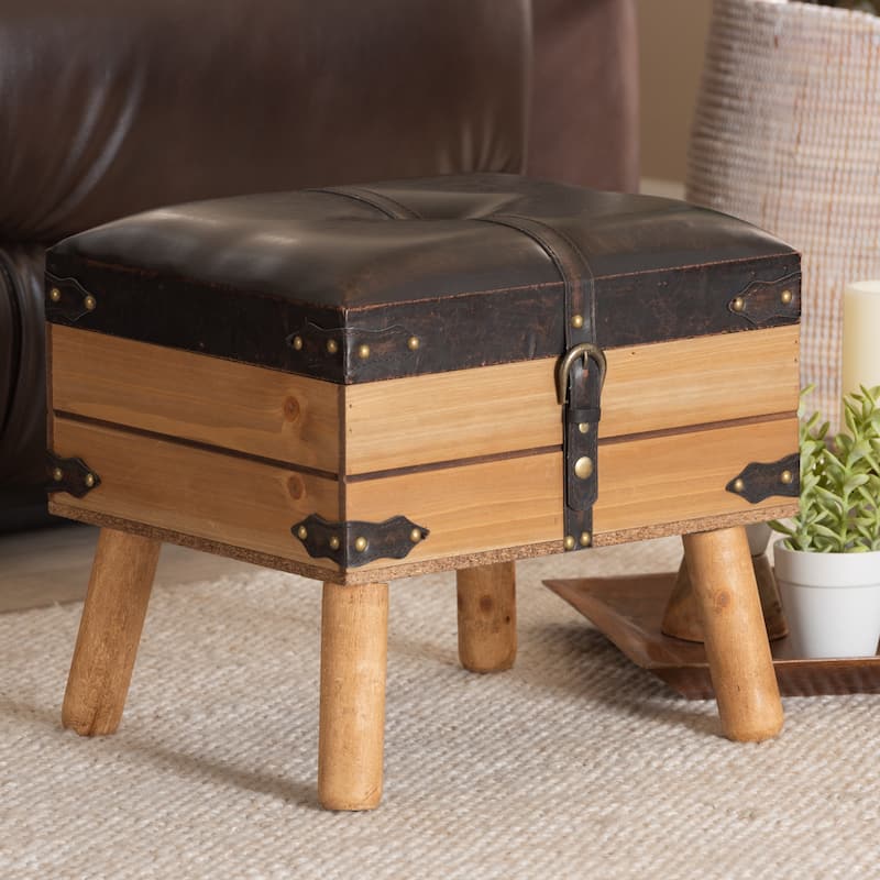Amena Dark Brown PU Leather and Oak Wood Small Storage Ottoman