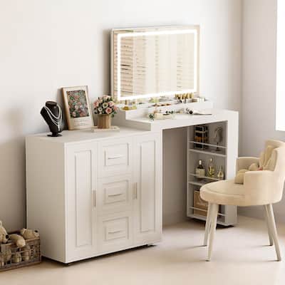 Makeup Vanity Table with Mirror and Lights, 59" Dressing Table with Storage Drawers and Cabinets