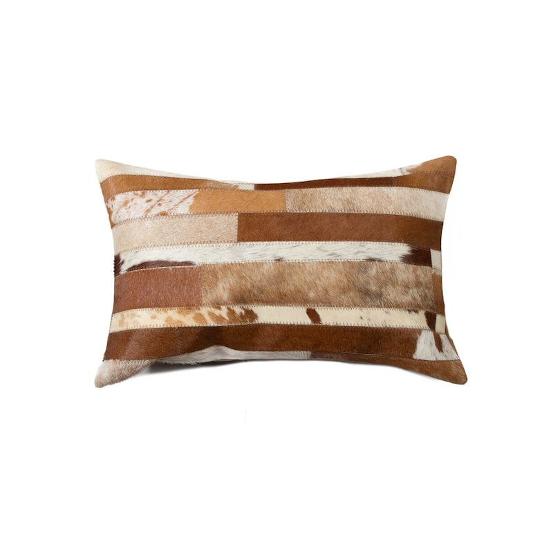 HomeRoots 12" X 20" Brown and White Cowhide Throw Pillow