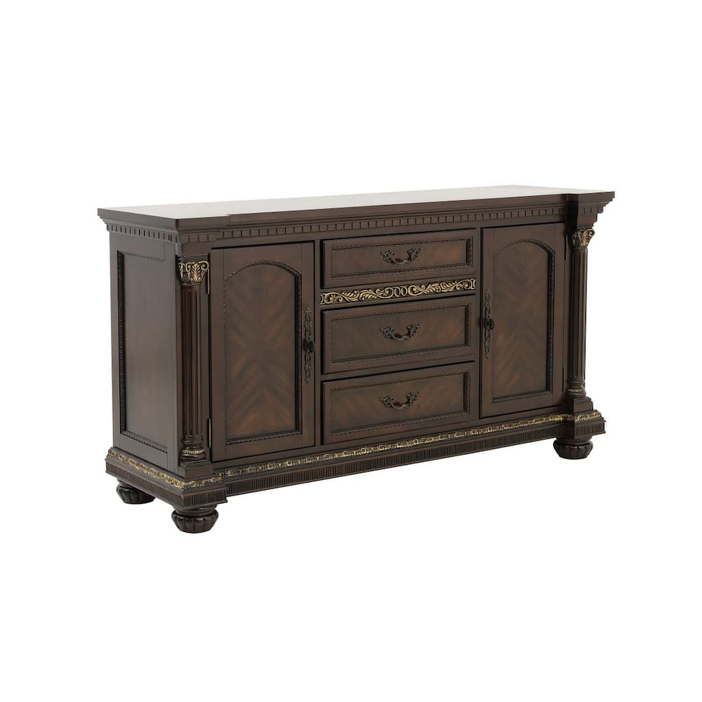 Hilton 66 Inch Buffet Console, 3 Drawers, 2 Cabinets, Cherry Brown and Gold