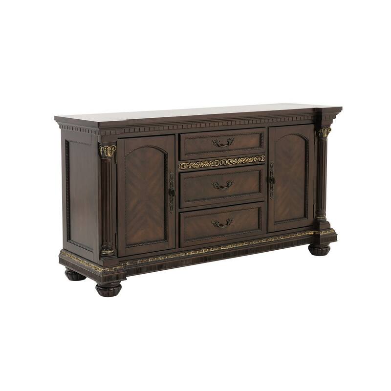 Hilton 66 Inch Buffet Console, 3 Drawers, 2 Cabinets, Cherry Brown and Gold