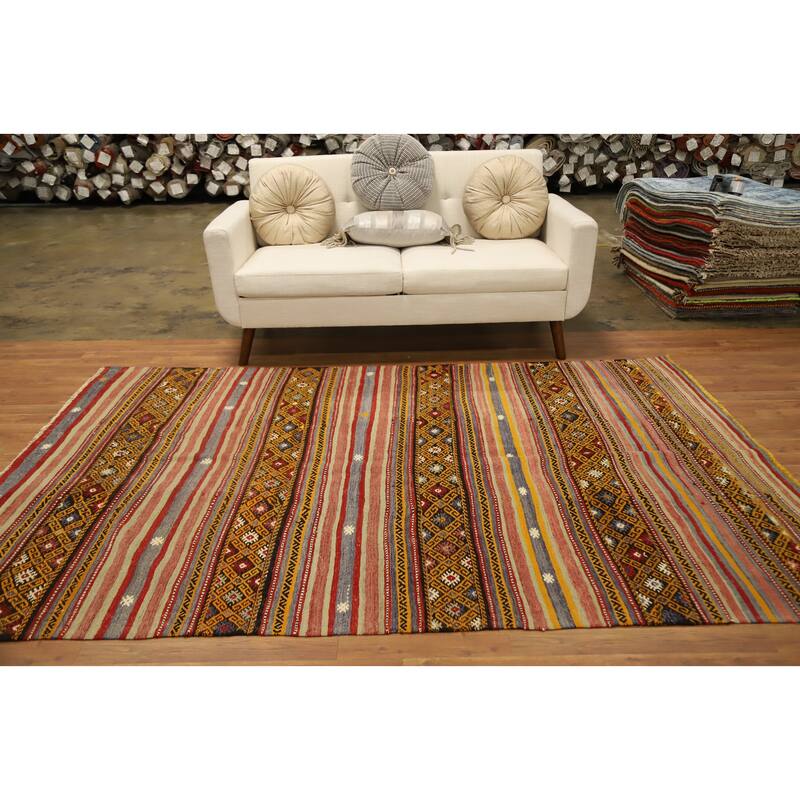 Hand Woven Oriental 100% Wool Carpet Southwestern Tribal Multi-Colored Kilim Area Rug - 8' 5'' X 5' 6''