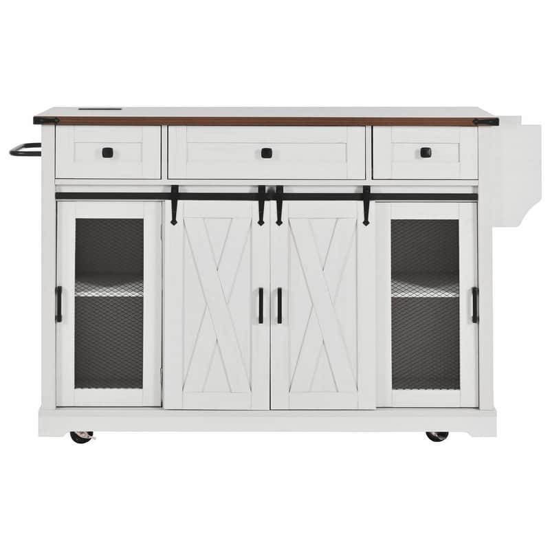 Farmhouse 58" Kitchen Island with Drop Leaf, Rolling Kitchen Island on 5 Wheels with Sliding Barn Door and Adjustable Shelves
