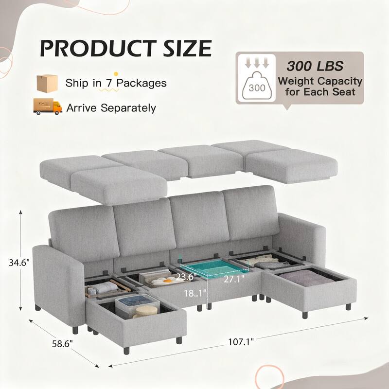 Erommy 6/7-Piece Modular Sectional Sofa – Reversible L-Shaped Couch with Hidden Storage, Space-Saving Living Room Furniture