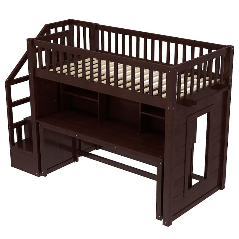 Roomfitters Loft Bed with Movable Desk and Storage Stairs, Solid Wood Workstation