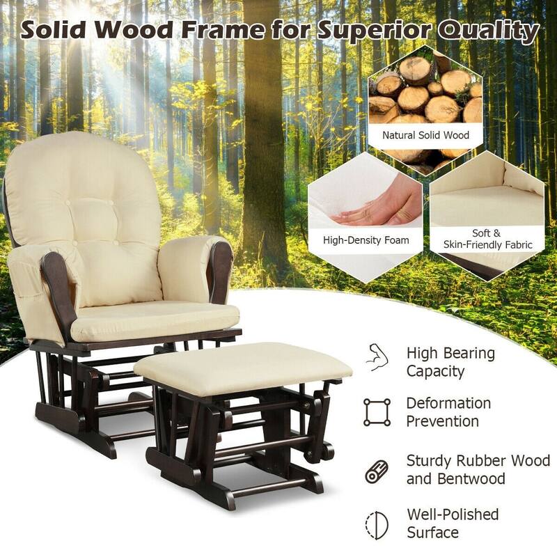 Solid Wood Gliding Chair Set with Pockets and Ottoman for Relaxing