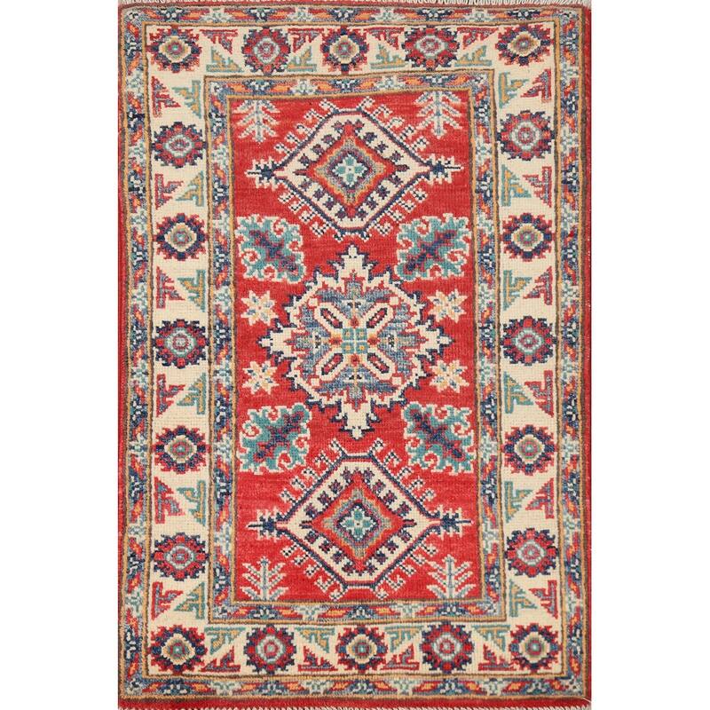 Red Geometric Kazak Accent Foyer Rug Hand-Knotted Wool Carpet - 2'0"x 3'0"