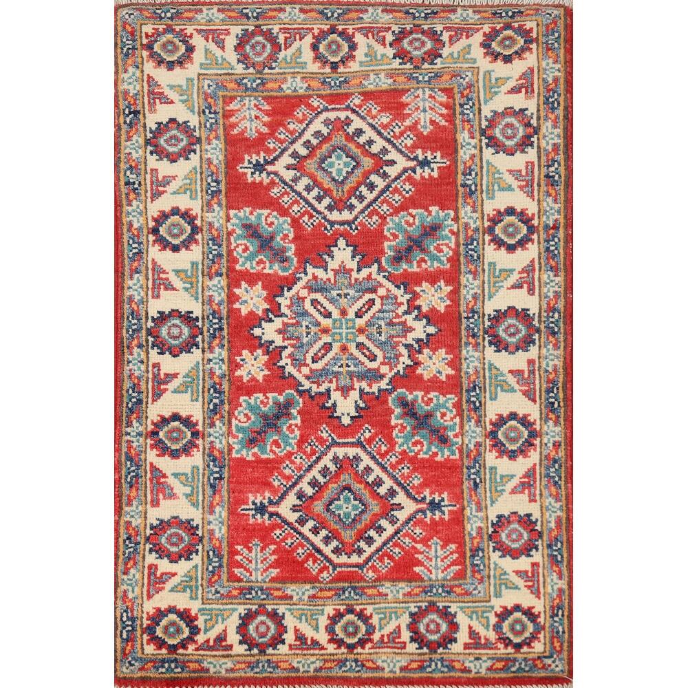 Red Geometric Kazak Accent Foyer Rug Hand-Knotted Wool Carpet - 2'0"x 3'0"