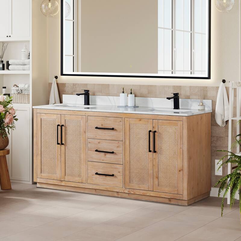 Floral Single Bathroom Vanity in Light Brown with Calacatta White Quartz Countertop without Mirror